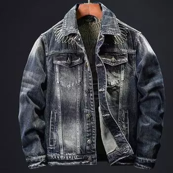 Осенне-зимний классический джинсовый топ с вышивкой для тяжелой промышленности, ретро-трендовая одежда для мотоциклистов, джинсовое пальто с несколькими карманами для мужчин 4XL