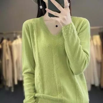 Осенне-зимний клеевой свитер с v-образным вырезом, короткий свободный стереоскопический вязаный нижний свитер S слоновая кость