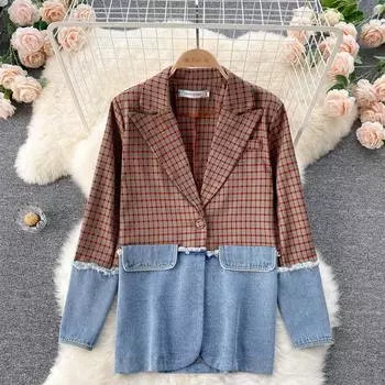Осенне-зимний клетчатый пиджак, женский новый нишевый дизайн, свободный универсальный повседневный джинсовый топ с вышивкой S верблюд