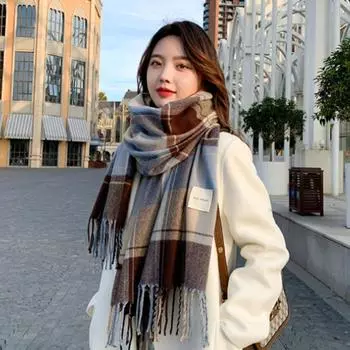 Осенне-зимний клетчатый шарф для женщин и мужчин, новый теплый кашемировый длинный вязаный шерстяной шарф для пары, шаль с кисточками, шарф для защиты шеи One Size синий