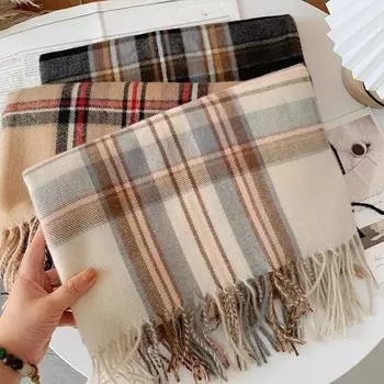 Осенне-зимний клетчатый шарф для женщин, теплая женская шаль с кисточками из искусственного кашемира розовый