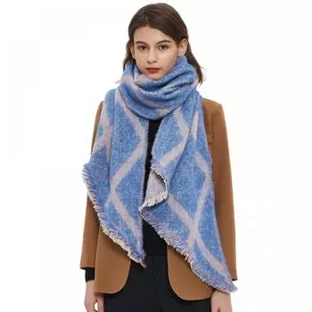 Осенне-зимний клетчатый шарф, женский теплый платок с кисточками зелёный