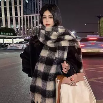 Осенне-зимний клетчатый шарф, женский высококачественный зимний теплый шарф, утолщенная шерстяная вязаная толстая шаль с кисточками