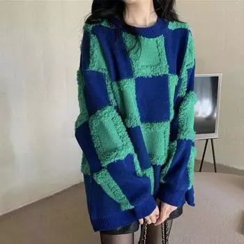 Осенне-зимний клетчатый свитер женский утолщенный свободный пуловер с круглым вырезом трикотажный топ One size белый