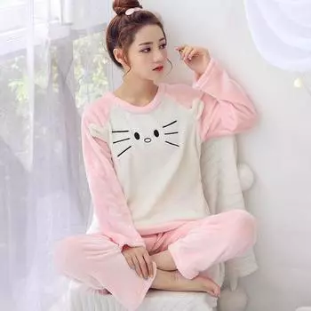 Осенне-зимний комплект из двух частей с милым мультяшным котом, фланелевый теплый толстый женский пижамный комплект с длинным рукавом, женская пижама из кораллового бархата, домашняя одежда M розовый