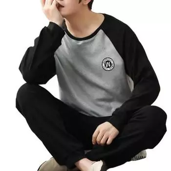 Осенне-зимний комплект из двух предметов, мужская пижама, комплект с круглым вырезом и длинными рукавами, клетчатый топ с принтом и эластичной талией M серый