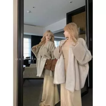 Осенне-зимний комплект из двух предметов: пышная юбка на подтяжках, тонкая длинная юбка + куртка из экологически чистой кожи с мехом норки для женщин S