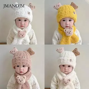 Осенне-зимний комплект из двух предметов: шарф, шапка, плюшевый медведь, мультяшный защитник для ушей, теплый двойной комплект для мальчиков и девочек, шапка one size fits all бежевый