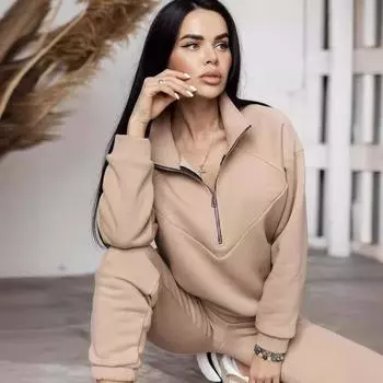 Осенне-зимний комплект из двух предметов, женский однотонный костюм с длинным рукавом и воротником-стойкой, свободный топ, широкие брюки, повседневный комплект XXL белый