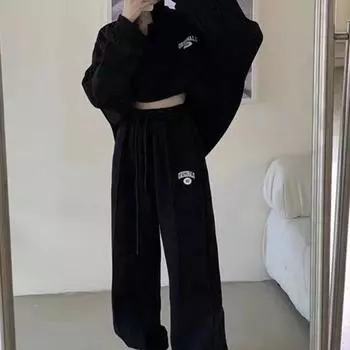Осенне-зимний комплект из двух предметов, женский костюм-толстовка, свободные комплекты, женский воротник-стойка, свободная толстовка, длинные брюки, костюмы, комплекты XXL чёрный