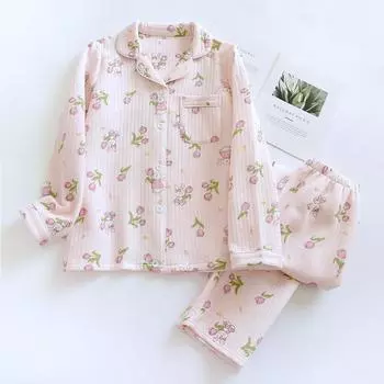 Осенне-зимний комплект из двух предметов женской пижамы из чистого хлопка, утепленный, с длинным рукавом, домашний комплект M