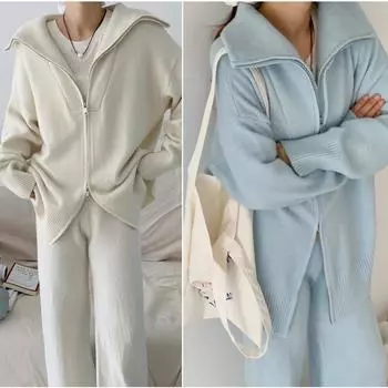 Осенне-зимний комплект из корейского ленивого свитера, женский вязаный кардиган с отворотом, куртка, широкие брюки, комплект из двух предметов one size fits all чёрный