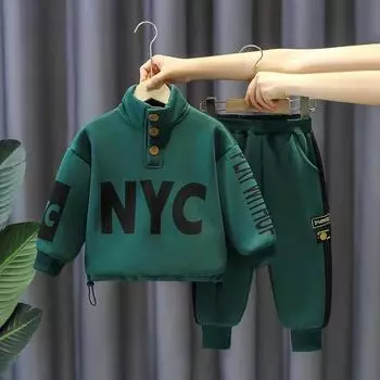 Осенне-зимний комплект из плюша для мальчиков, красивая детская спортивная и досуговая толстовка с капюшоном и штаны, комплект из двух предметов для мальчиков 140cm зелёный