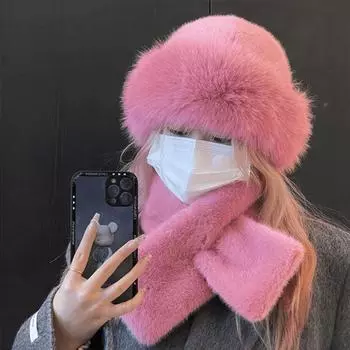 Осенне-зимний комплект из шарфа и шапки из искусственного меха норки, перекрестный воротник, женская теплая и универсальная монгольская шапка, плюшевая шляпа землевладельца 56-58cm