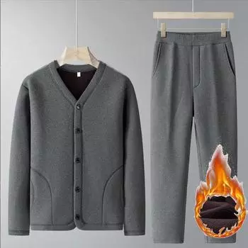 Осенне-зимний комплект из толстой свободной толстовки с шерстяной подкладкой и брюк для молодых мужчин L чёрный