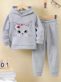 Осенне-зимний комплект из толстовки с капюшоном и спортивных брюк для девочек с буквенным принтом и теплой подкладкой 100