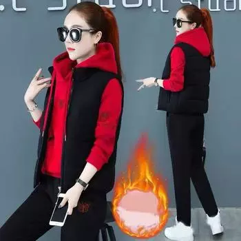 Осенне-зимний комплект из трех предметов для мамы, а также утолщенный бархатный спортивный костюм, свитер, жилет, повседневный костюм из трех предметов XXXXL красный