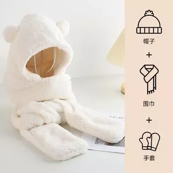 Осенне-зимний комплект из трех предметов: утепленная шапка из высокограммовой ткани, защитные наушники, теплая шапка, шарф, перчатки, плюшевая шапка «три в одном» One size (suitable for 56-59cm head circumference)