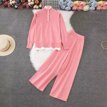 Осенне-зимний комплект из трикотажных брюк, женские пуловеры с длинным рукавом, эластичный пояс, широкие брюки, женский свитер, спортивный костюм One Size розовый