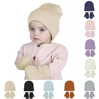 Осенне-зимний комплект из вязаной шапки и перчаток для мальчиков и девочек, модный однотонный комплект из толстой мягкой теплой шерсти с капюшоном для вечеринок и фотосъемок розовый