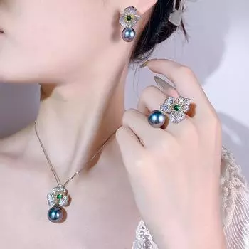 Осенне-зимний комплект из жемчуга в виде цветка, серые бусины, цепочка на ключицу, серебряные серьги-иглы S925, премиальные атмосферные универсальные женские серьги