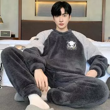осенне-зимний комплект мужской пижамы из кораллового флиса, утепленная фланель, теплая пижама большого размера с рисунком, мягкая пижама для мужчин, домашняя одежда L