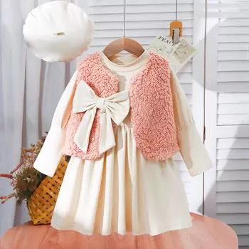 Осенне-зимний комплект одежды для девочек 9 месяцев-3 лет, платье для малышей + жилет с бантом из овечьей шерсти + берет, комплект из трех предметов 9-12M розовый