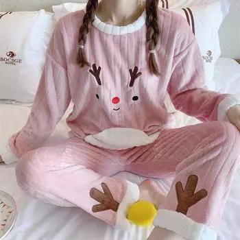 Осенне-зимний комплект одежды для сна для молодой девушки. Женский милый мультяшный принт. Пижамный комплект с длинными рукавами. Повседневная теплая пижама из кораллового флиса. Домашняя одежда. Костюм. M