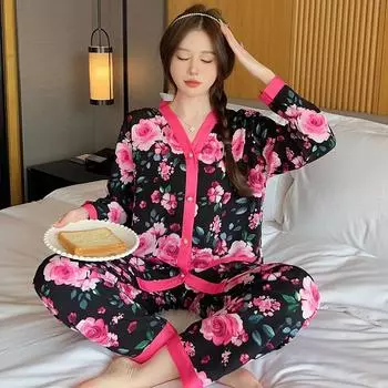Осенне-зимний комплект пижамы большого размера для женщин с цветочным принтом, модный комплект пижамы с длинным рукавом и V-образным вырезом для женщин M