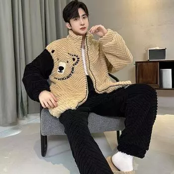 Осенне-зимний комплект пижамы для мужчин из кораллового флиса, теплая фланель, свободная пижама для мальчиков, мягкая пижама с застежкой-молнией, модная мужская пижама с рисунком, домашняя одежда L