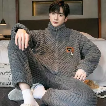 осенне-зимний комплект пижамы для мужчин из кораллового флиса, утепленная фланель, теплая пижама для мальчиков, мягкая пижама большого размера на молнии, модная однотонная мужская пижама для дома L