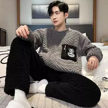 осенне-зимний комплект пижамы для мужчин из кораллового флиса, утепленная фланель, теплая пижама для мальчиков, повседневная, свободная, серая, мягкая, мужская пижама, домашняя одежда L
