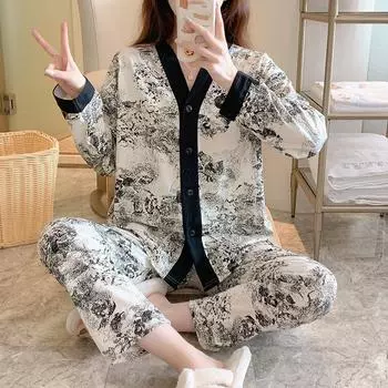 Осенне-зимний комплект пижамы для женщин с принтом «кавайи» Костюм для сна для девочек Модный комплект пижамы с длинным рукавом и V-образным вырезом для женщин M