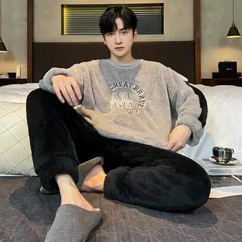 Осенне-зимний комплект пижамы из кораллового флиса с цветовыми блоками для молодых мальчиков, теплые комплекты одежды для сна из плотной фланели, мягкая пижама для мужчин, домашняя одежда для мужчин, одежда для отдыха L