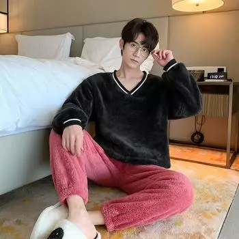 Осенне-зимний комплект пижамы из кораллового флиса с цветовыми блоками, утепленная фланель, теплые комплекты одежды для сна, мягкая пижама для молодых мужчин, домашняя одежда для мужчин, одежда для отдыха L белый