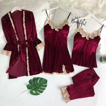 Осенне-зимний комплект пижамы из золотого бархата для женщин, ночная рубашка на бретельках, сексуальный халат, четыре комплекта новой домашней одежды из бархата для девочек M