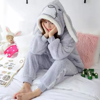 осенне-зимний комплект пижамы с капюшоном из мультфильма «милая девочка» плюшевый спортивный костюм с бархатом и толстым спортивным костюмом «Сохраняй тепло», комплекты пижам серого цвета из двух предметов, одежда для отдыха M