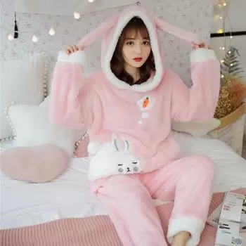 осенне-зимний комплект пижамы с капюшоном, милый мультяшный костюм для молодой девушки, плюшевый, плюс бархатный, утепленный спортивный костюм, сохраняющий тепло, комплекты пижам серого цвета из двух предметов, одежда для отдыха M розовый