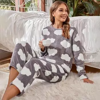 Осенне-зимний комплект пижамы с принтом облаков для женщин, большой размер, теплая утепленная пижама, длинная одежда для сна, костюмы из кораллового флиса, домашняя одежда больших размеров 5XL XL