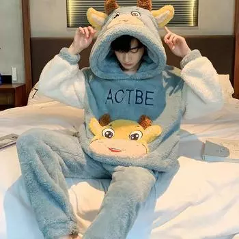 осенне-зимний комплект плюшевой пижамы для мужчин, утолщенный коралловый флис, пижамные комплекты, забавный мультяшный фланелевый взрыв, подростковая мужская домашняя одежда, домашний костюм L