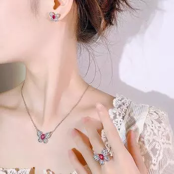 Осенне-зимний комплект украшений мода бабочка серьги гвоздики ожерелье кольцо рубин натуральный женский сладкий
