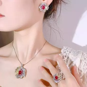 Осенне-зимний комплект украшений, роскошный, высококачественный, универсальный, из красного циркония, ожерелье, серьги, кольцо, полное бриллиантов, темпераментный, женский
