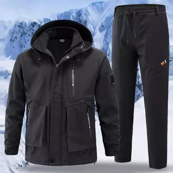 Осенне-зимний комплект водонепроницаемой плюшевой и толстой камуфляжной одежды для мужской рабочей одежды, теплая рабочая одежда, износостойкая и устойчивая к разрыву 190 чёрный