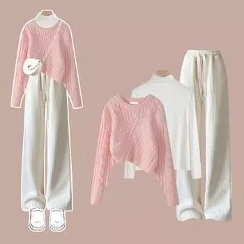 Осенне-зимний комплект, женский вязаный свитер в нежном стиле, женская универсальная нижняя рубашка, повседневные брюки, комплект из трех предметов, зимняя одежда для женщин XXXXL белый/жёлтый