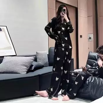 Осенне-зимний комплект женской пижамы Ice Silk с лацканами, комплект из 2 предметов, милая пижама с принтом собак для девочек M чёрный