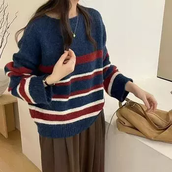 Осенне-зимний контрастный полосатый свитер с круглым вырезом для женщин, новый ленивый стиль, свободный и универсальный свитер, куртка one size fits all синий