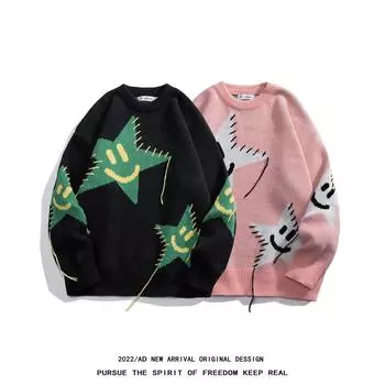 Осенне-зимний контрастный свитер со звездами, большой размер, ленивый стиль, парный наряд, мужской и женский вязаный свитер, куртка большого размера класса люкс M чёрный