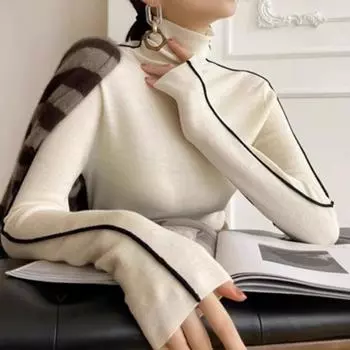 Осенне-зимний контрастный вязаный свитер с ворсом и высоким воротником для женщин с высококачественным ощущением и облегающей основой Мягкий и липкий свитер с высоким воротником S