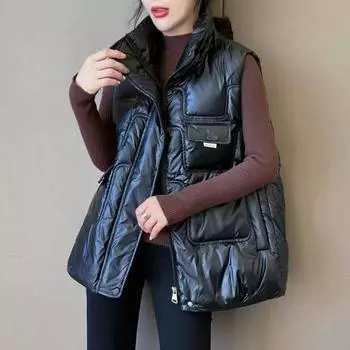 Осенне-зимний корейский пуховый хлопковый глянцевый жилет женский утолщенные карманы свободный воротник-стойка жилет прилив M [Recommended 85-50kg] чёрный