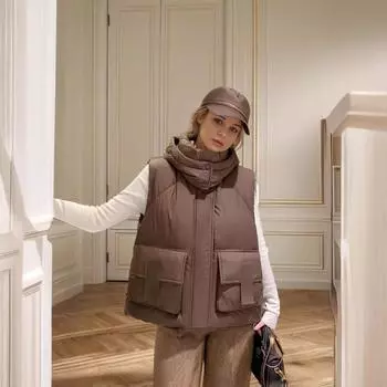 Осенне-зимний корейский вариант хлопковый жилет жилет женский короткий с капюшоном утолщенный повседневный хлопковый жилет куртка M